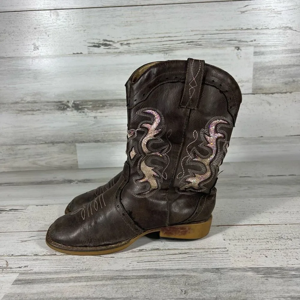 Roper Girls‎ Kids Boots Embroidered Slip On Sequin Leather Brown Size 1